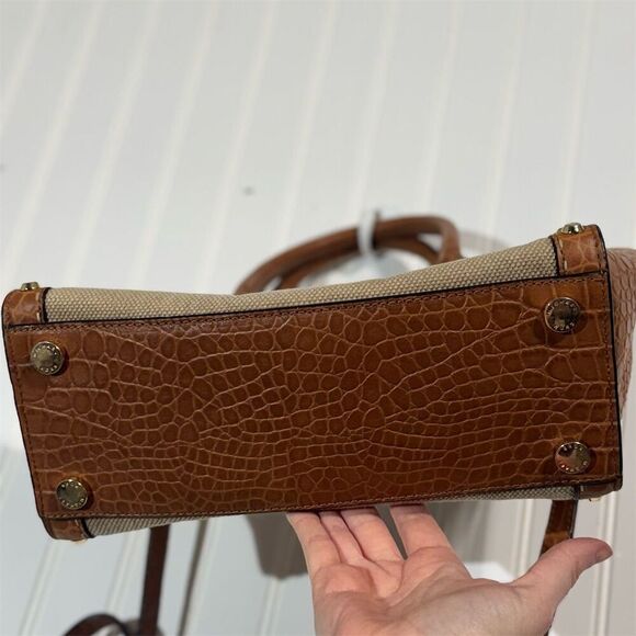 Michael Kors Croc Embossed Canvas Satchel Tote Brown Tan Studded Shoulder Bag - Picture 3 of 10